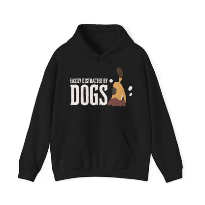 Amidst a white setting, a ‘Dogs Pure Love, Dog Dig’ unisex navy hooded sweatshirt shows the slogan ‘Easily Distracted by Dogs,’ and a dog digging graphic.