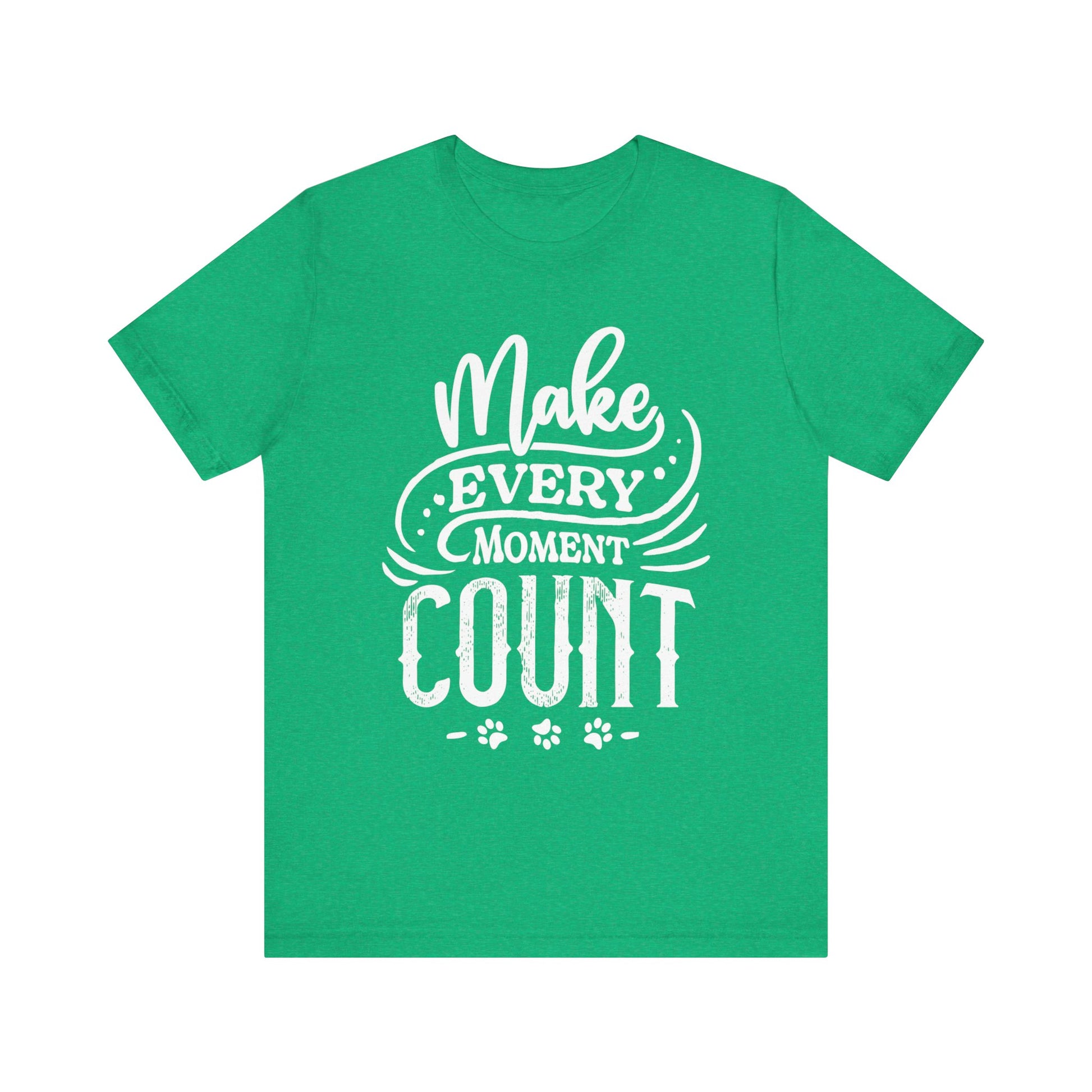 On a white canvas, a heather green Dogs Pure Love unisex tee showcases the slogan 'Make Every Moment Count.'