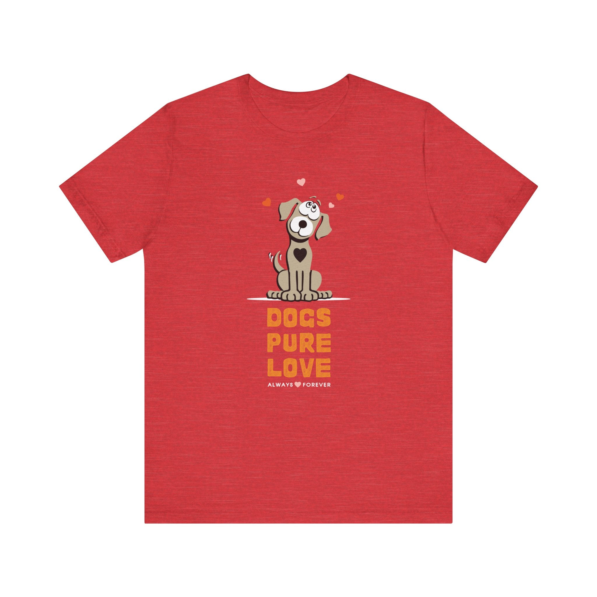 Against a white backdrop, a heather red unisex tee features the Dogs Pure Love logo.