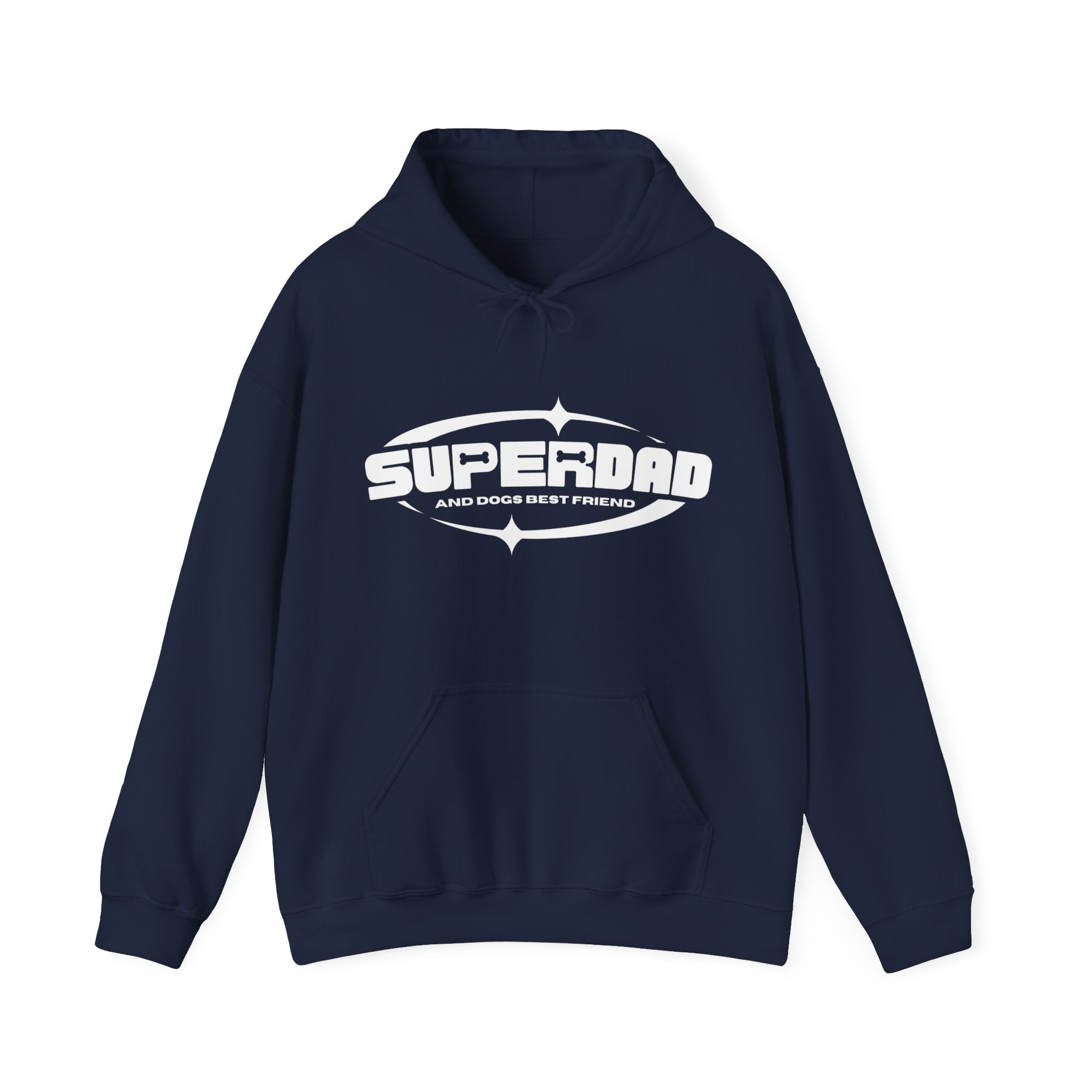  On a pristine white background lies a 'Superdad' unisex navy blue sweatshirt by Dogs Pure Love.