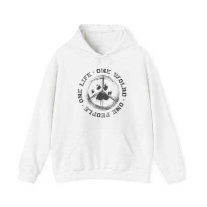 A 'Dogs Pure Love, One World' hoodie is displayed on a white backdrop. 