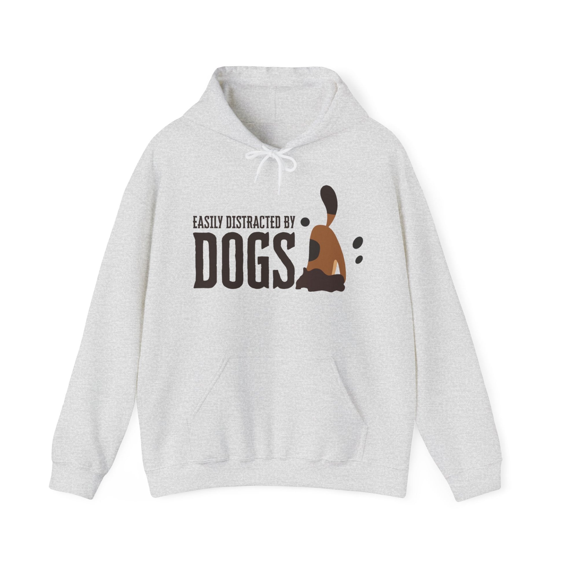 A ‘Dogs Pure Love, Dog Dig’ unisex ash colored hooded sweatshirt displays the slogan ‘Easily Distracted by Dogs,’ with a dog digging graphic, against a white backdrop.