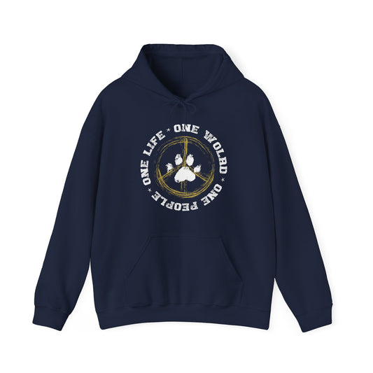 Featuring a navy blue 'Dog Pure Love, One World' unisex hoodie against a white backdrop. 
