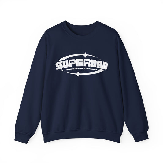  A navy blue Dogs Pure Love unisex sweatshirt featuring the "Superdad" print is showcased against a white backdrop.