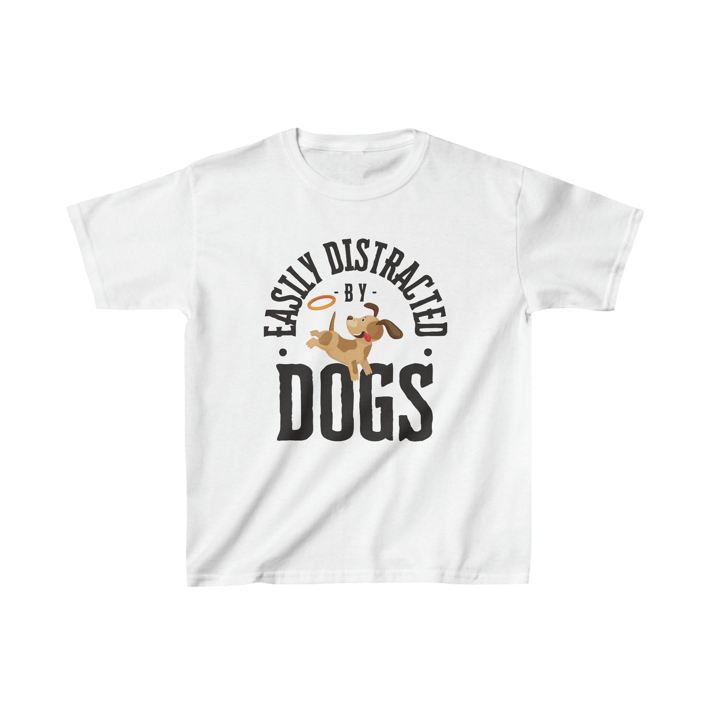 A Dogs Pure Love white unisex kids tee showcases a cartoon dog graphic alongside the slogan 'Easily Distracted by Dogs,' against a white canvas.
