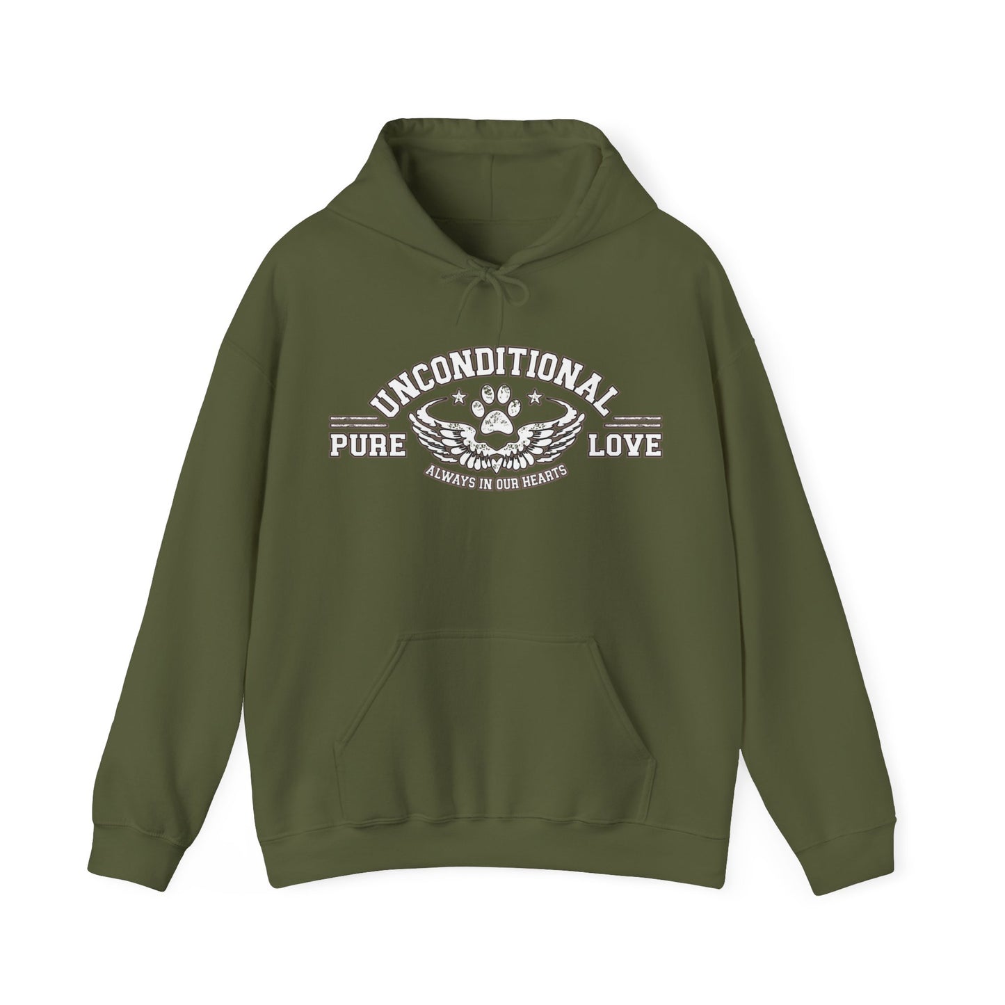  In a military green color, the Dogs Pure Love unisex hoodie proudly displays the uplifting slogan 'Unconditional Pure Love, always in our hearts.' Set against a clean backdrop white.