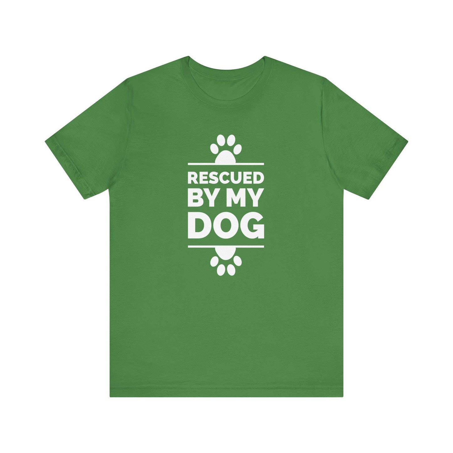  Displayed against a pristine white background, a Dogs Pure Love leaf green unisex tee features charming paw prints and the sentiment "Rescued by my Dog."