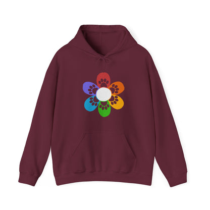 Against a white backdrop is a maroon Dogs Pure Love hoodie displaying a colorful flower and dog paw print.