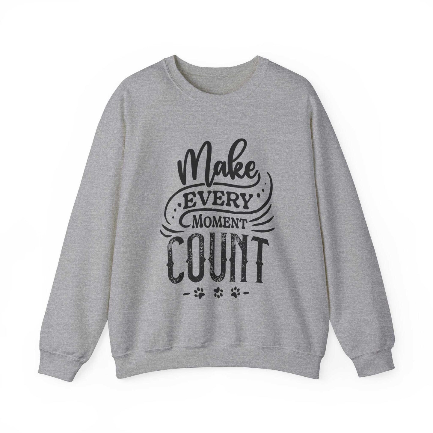  A Dogs Pure Love unisex sport grey sweatshirt is displayed against a white backdrop, featuring the slogan 'Make Every Moment Count.'