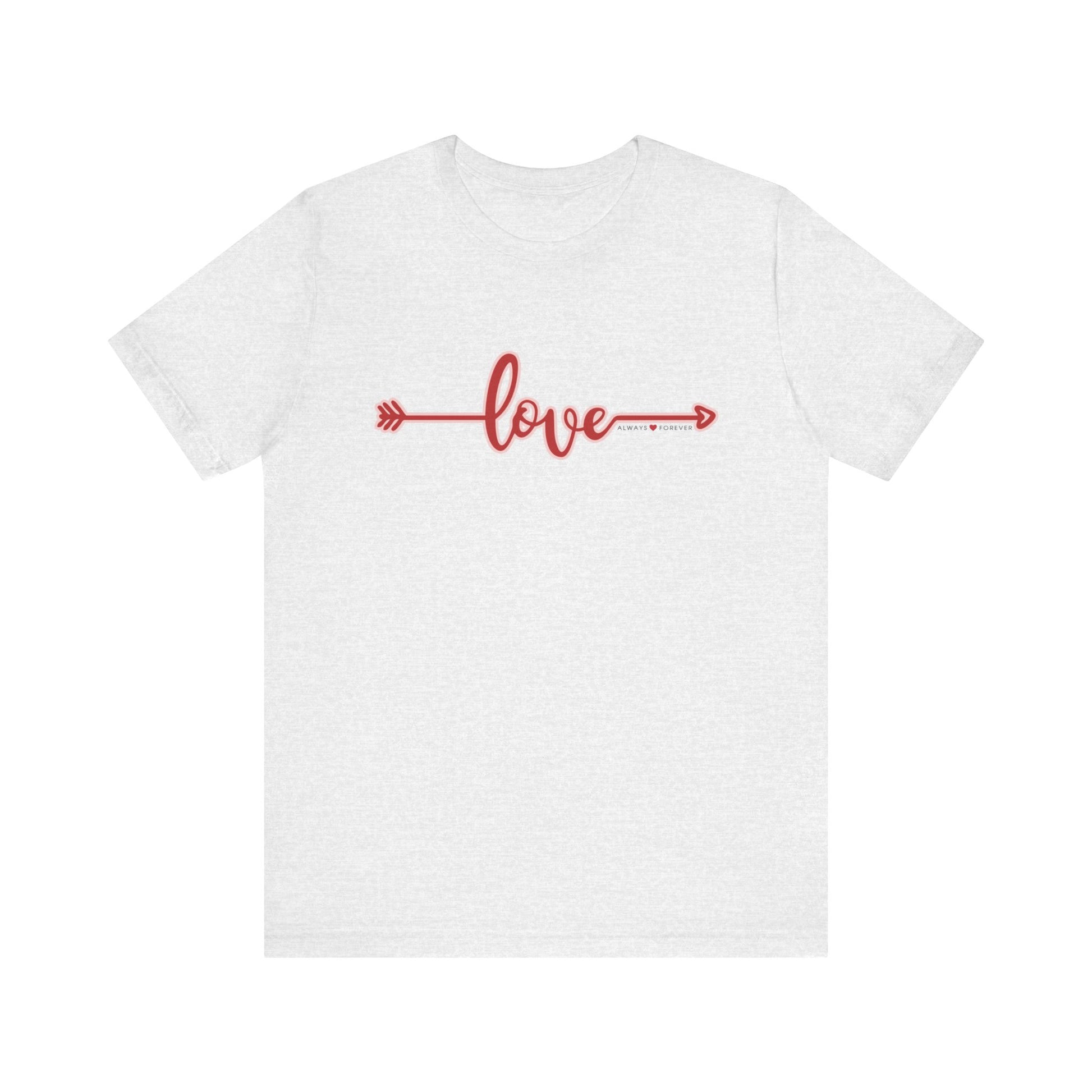 A Dogs Pure Love unisex ash-colored tee with the slogan 'Love, always and forever,' set against a white canvas.