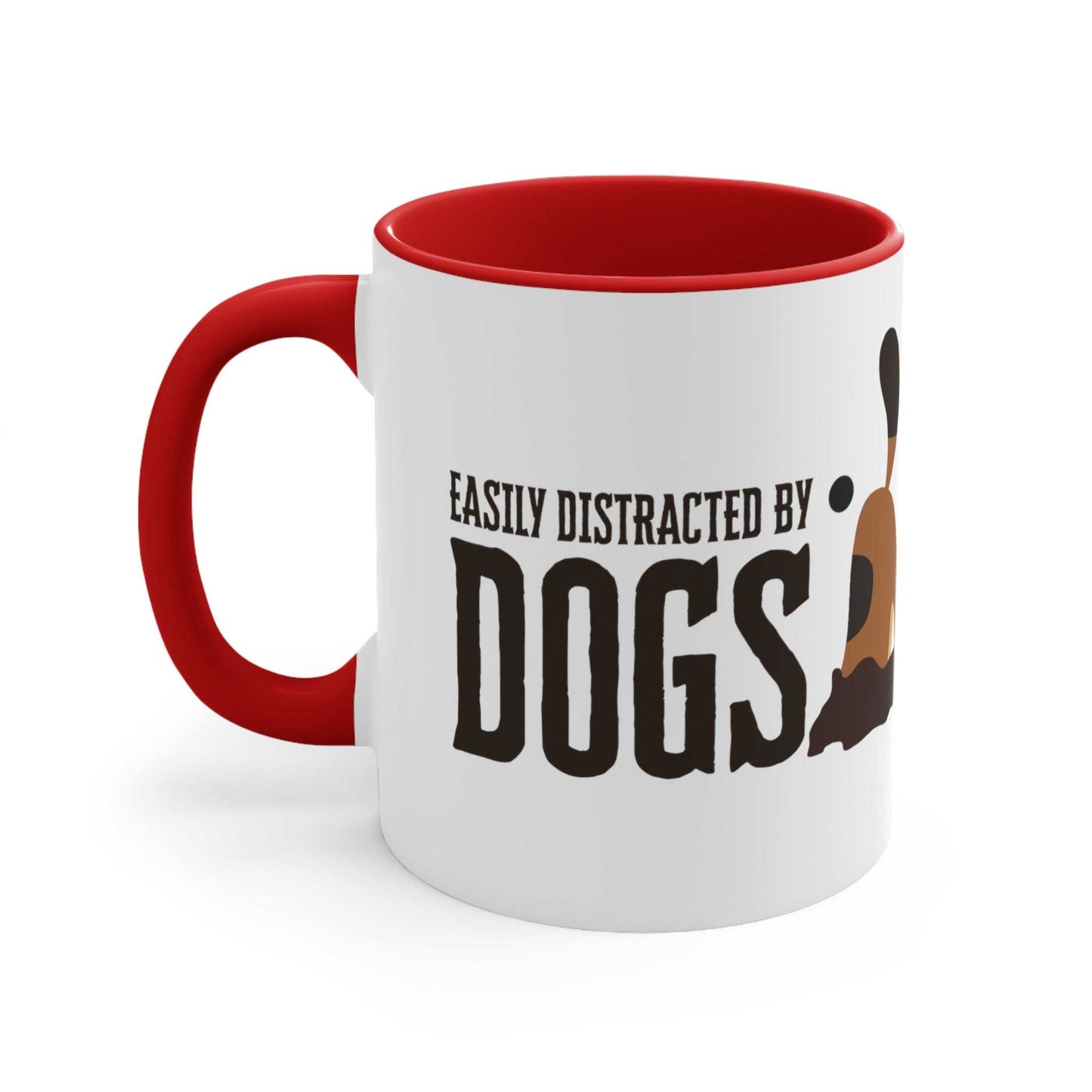 A Dogs Pure Love ceramic mug with red inner and handle, contrasted with a white outer features the slogan 'Easily Distracted by Dogs,' and dog digging graphic, against a white backdrop.