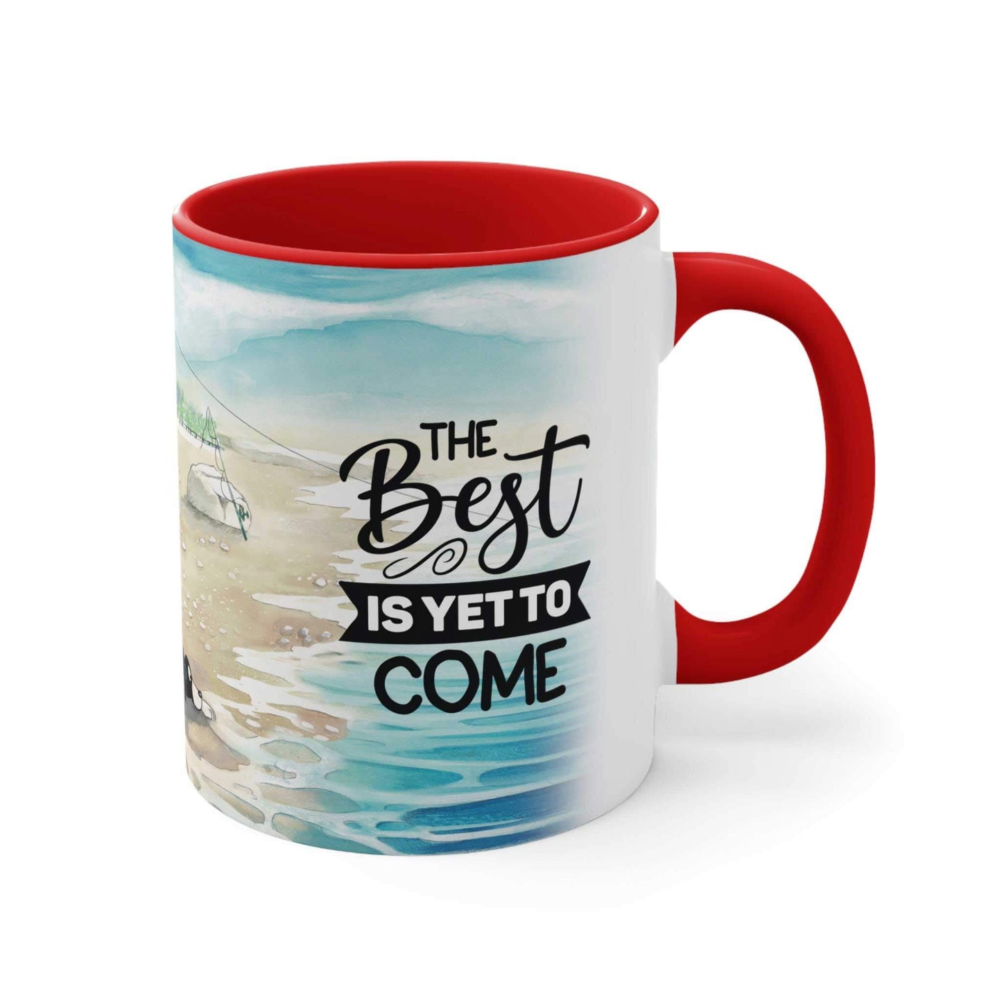 A Dogs Pure Love ceramic mug, with a red inner and handle, and a white outer surface, features an illustration displaying the words 'The best is yet to come,' set against a white backdrop.