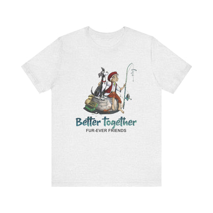 White background, and Ash colored unisex tee of' Dogs Pure Love Better Together' illustration of a boy and dog at the beach.