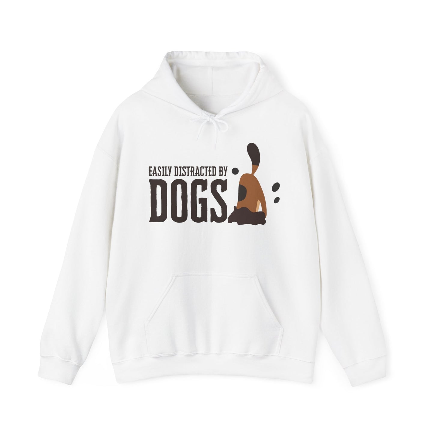 Against a white background, a ‘Dogs Pure Love, Dog Dig’ unisex white hooded sweatshirt highlights the slogan ‘Easily Distracted by Dogs,’ and a graphic of a dog digging.