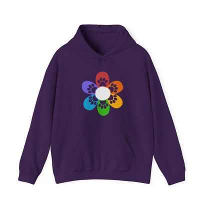 Against a white backdrop is a purple Dogs Pure Love hoodie displaying a colorful flower and dog paw print.