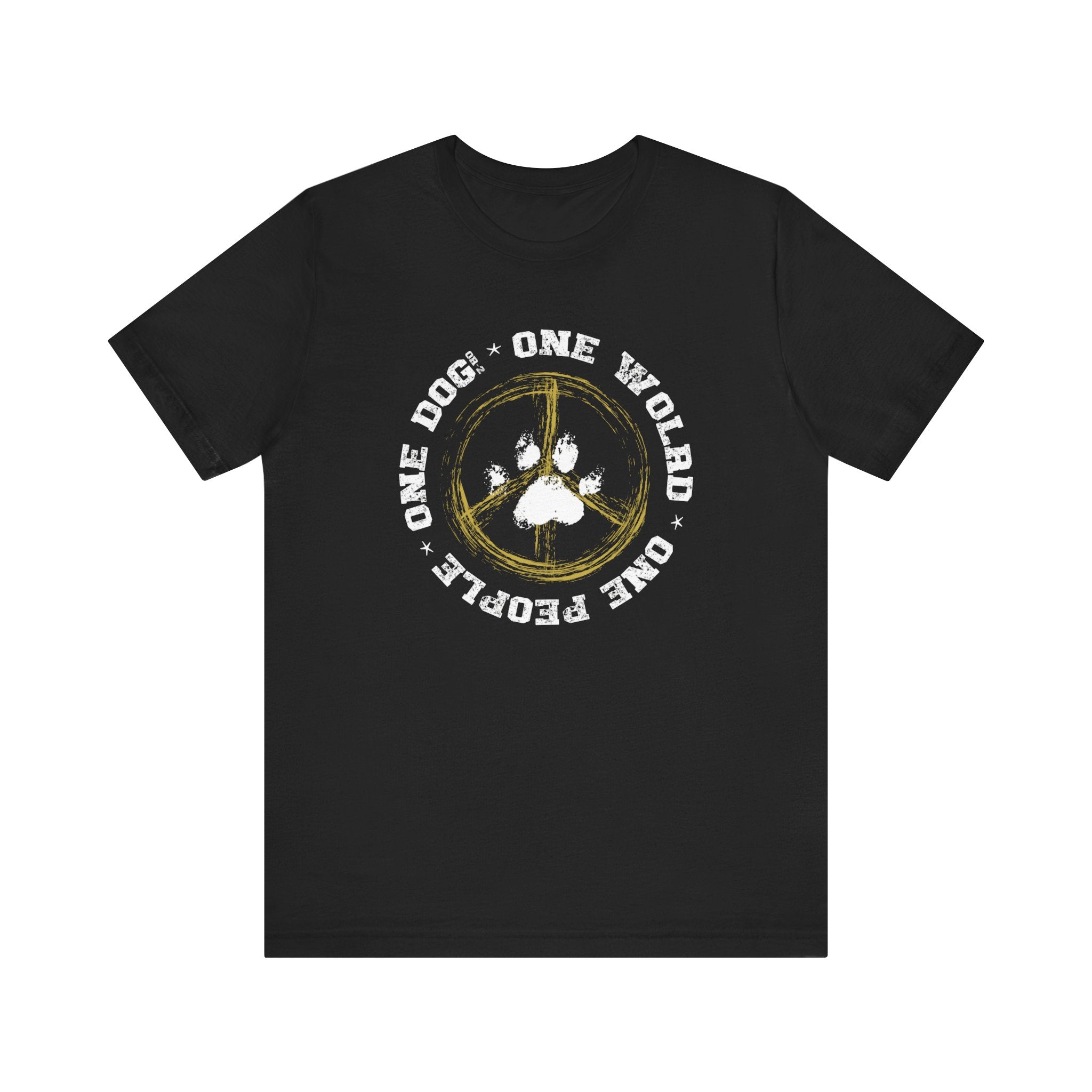 A black unisex Dogs Pure Love, ‘One World-One Dog' unisex tee is featured on a white background.