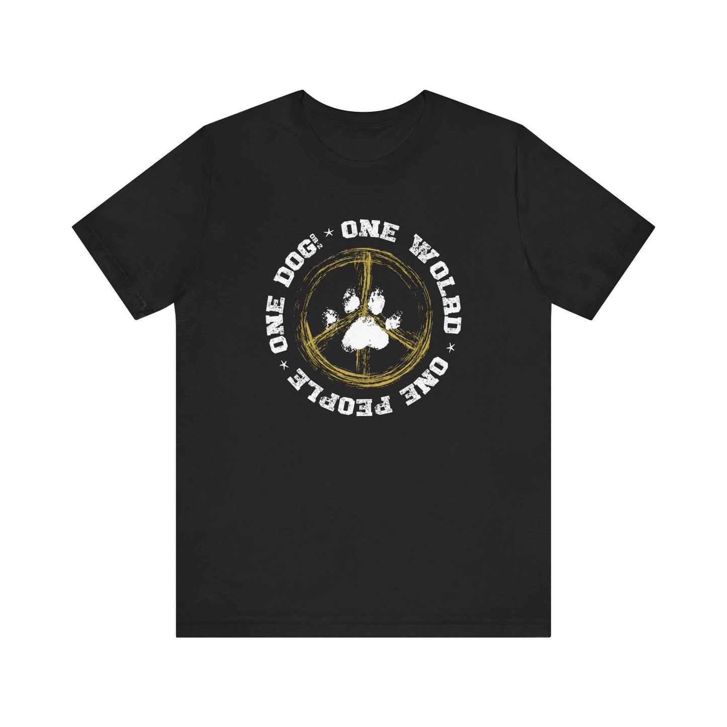 A black unisex Dogs Pure Love, ‘One World-One Dog' unisex tee is featured on a white background.