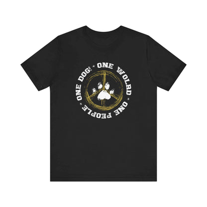 A black unisex Dogs Pure Love, ‘One World-One Dog' unisex tee is featured on a white background.