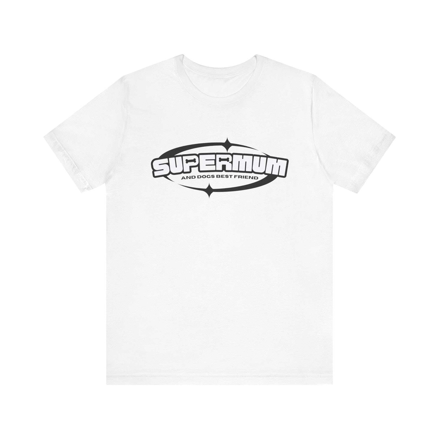 A Dogs Pure Love unisex tee in a white color displays the phrase 'Supermum, and dogs best friend' against a white backdrop.