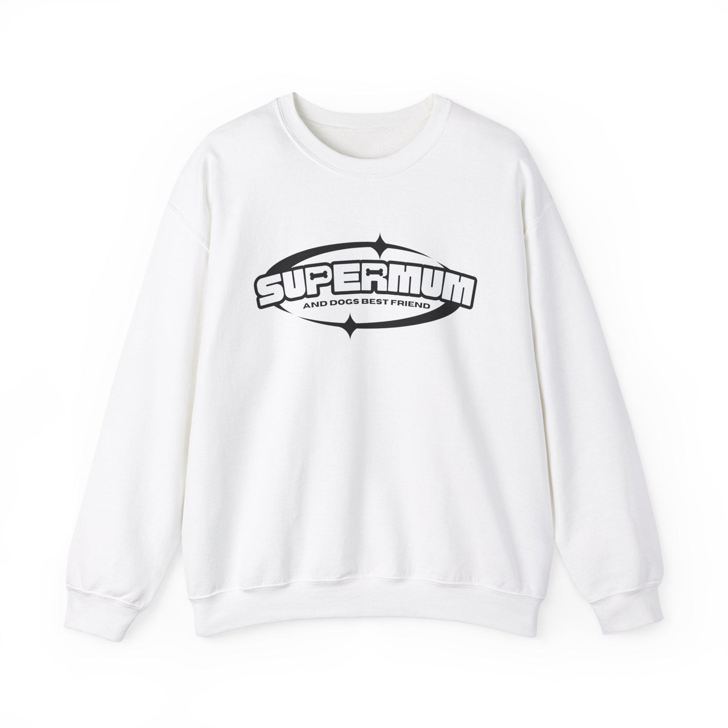  In a white color, this unisex sweatshirt from Dogs Pure Love proudly features the endearing message 'Supermum, and dogs best friend' against a pristine white backdrop.