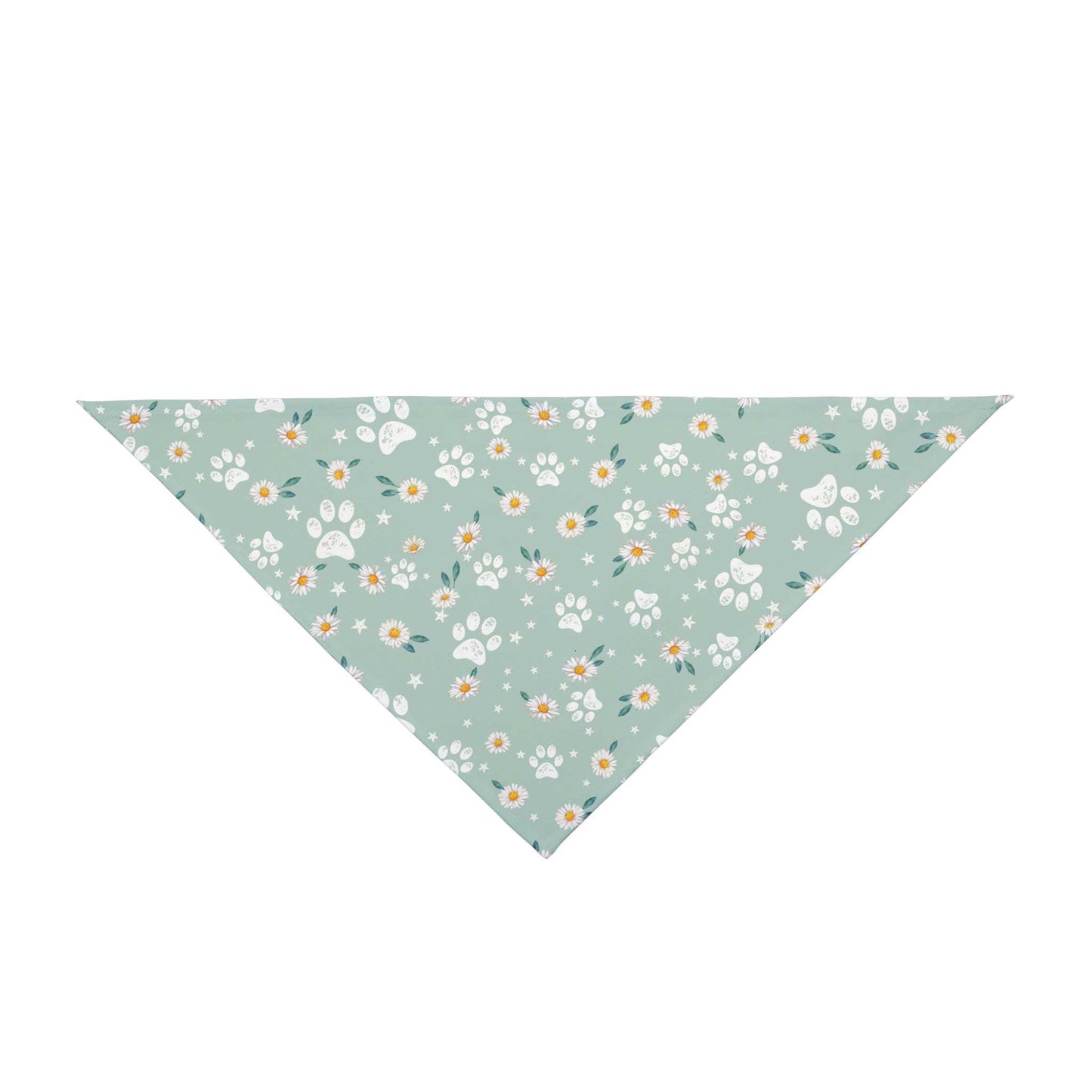 Dogs Pure Love blue bandana with white daisies and paw prints. The bandana lays against a white backdrop.