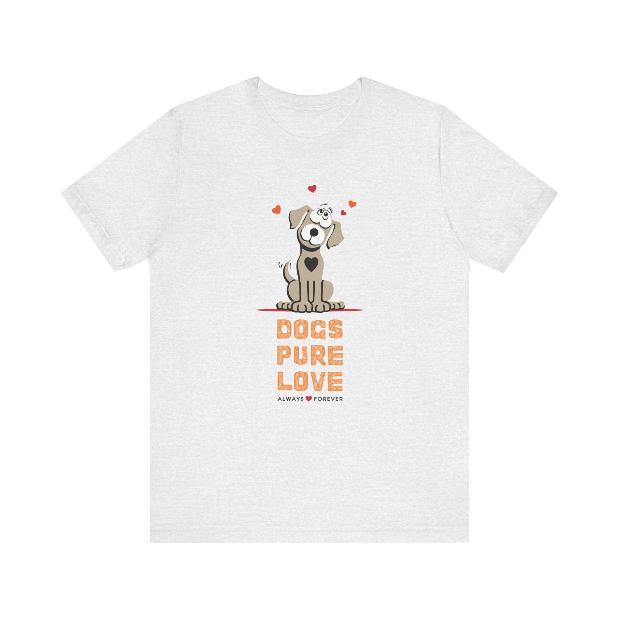 On a pristine white surface, an ash-colored unisex tee features the Dogs Pure Love logo.