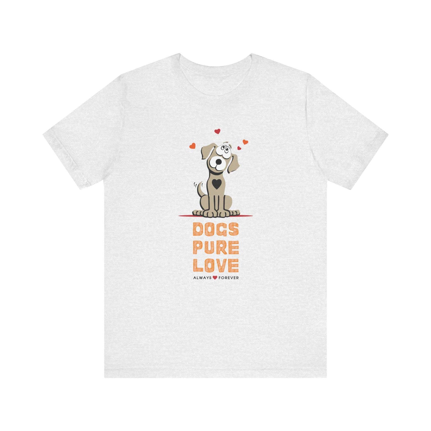 On a pristine white surface, an ash-colored unisex tee features the Dogs Pure Love logo.