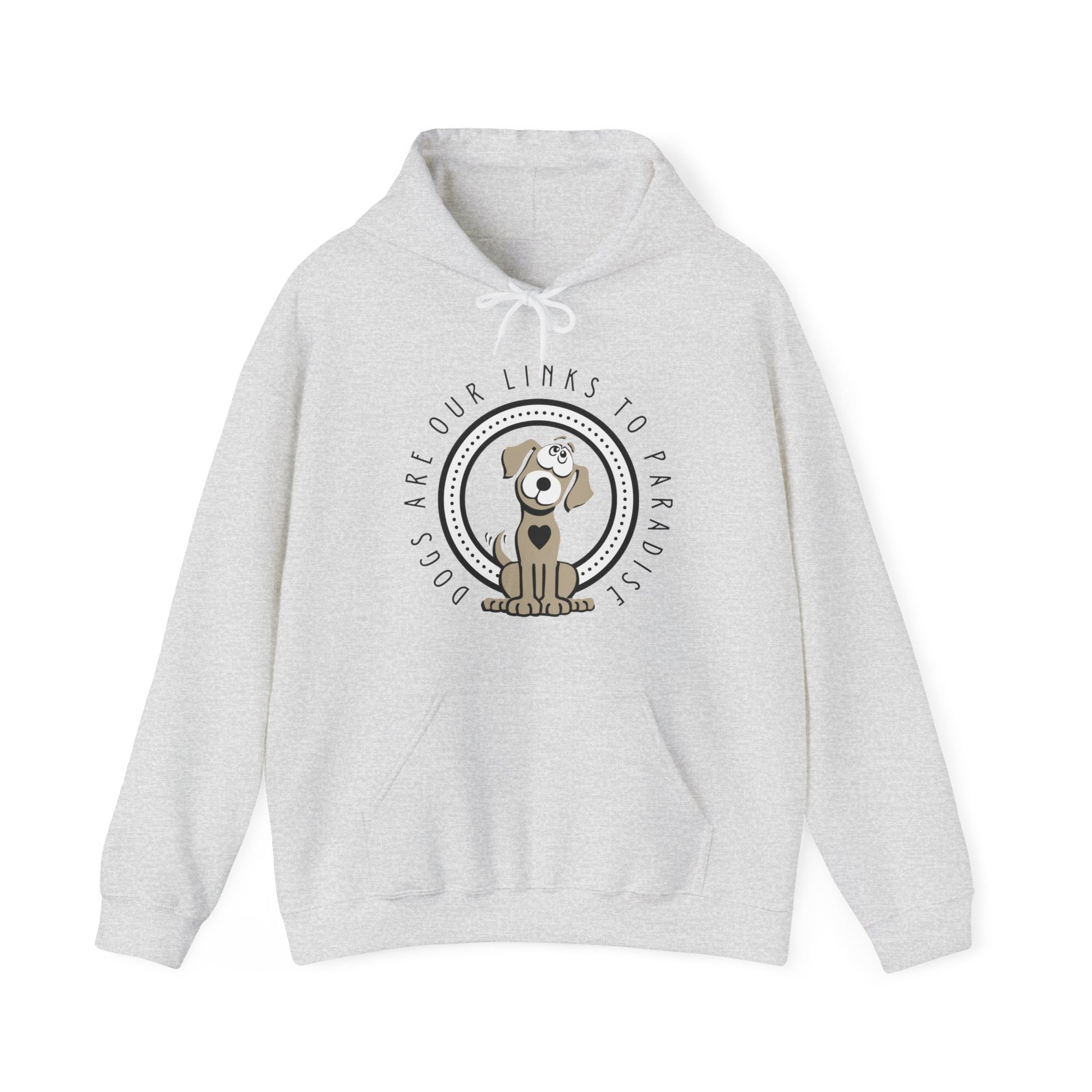  Against a pure white backdrop, an ash-colored Dogs Pure Love unisex hoodie stands proudly, adorned with the captivating 'Dogs Are Paradise' print.