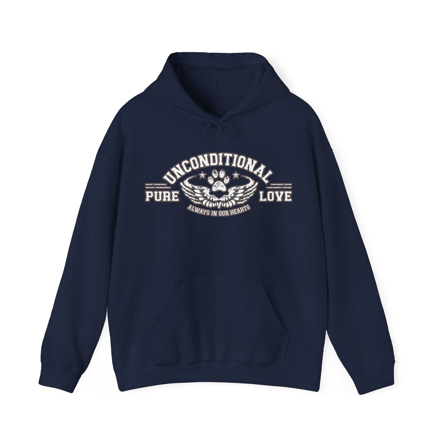  The Dogs Pure Love unisex hoodie, rendered in navy blue, gracefully displays the empowering slogan 'Unconditional Pure Love, always in our hearts.' This powerful message is set against a backdrop of pristine white.