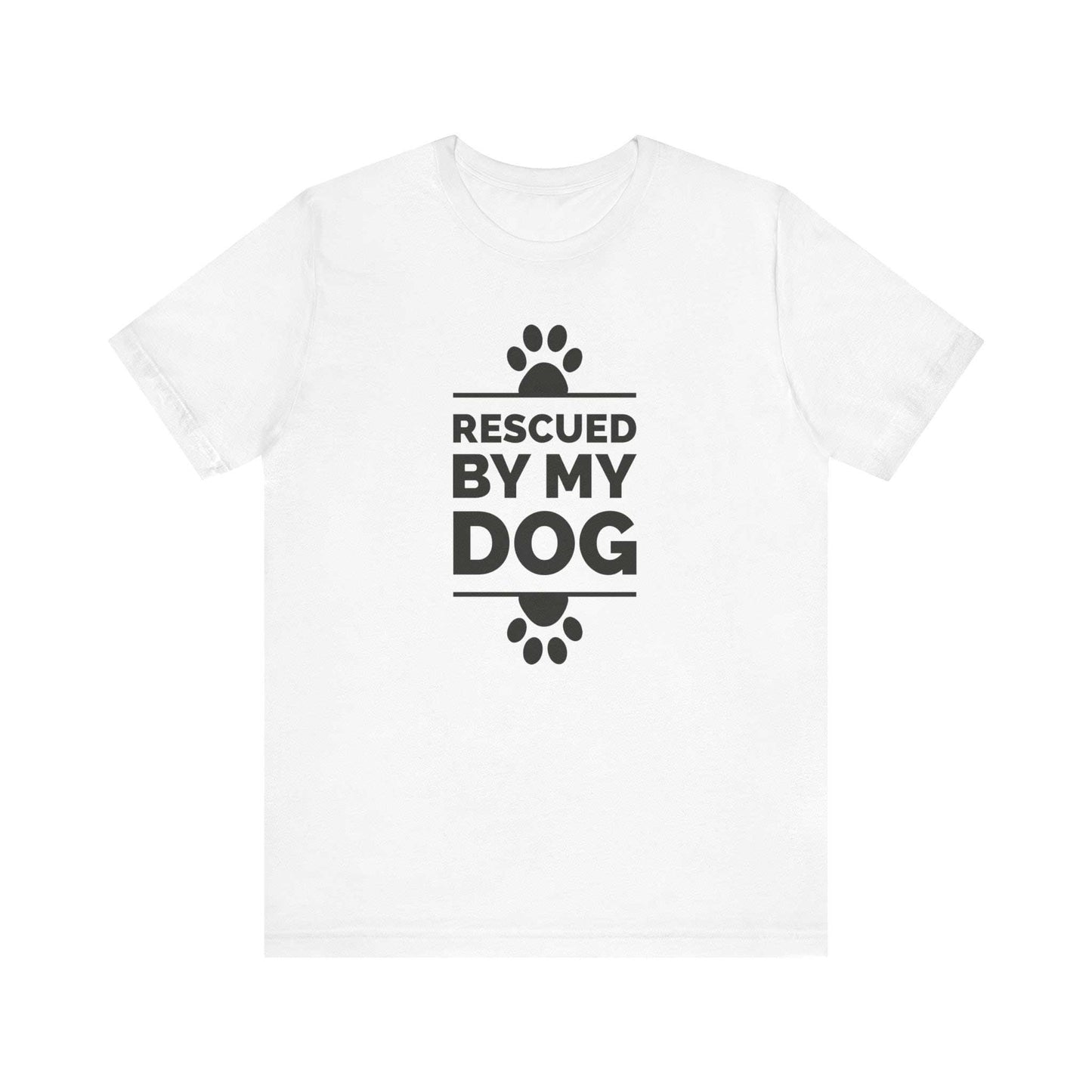 Set on a white background, a Dogs Pure Love white unisex tee displays paw prints and the phrase 'Rescued by my Dog.'