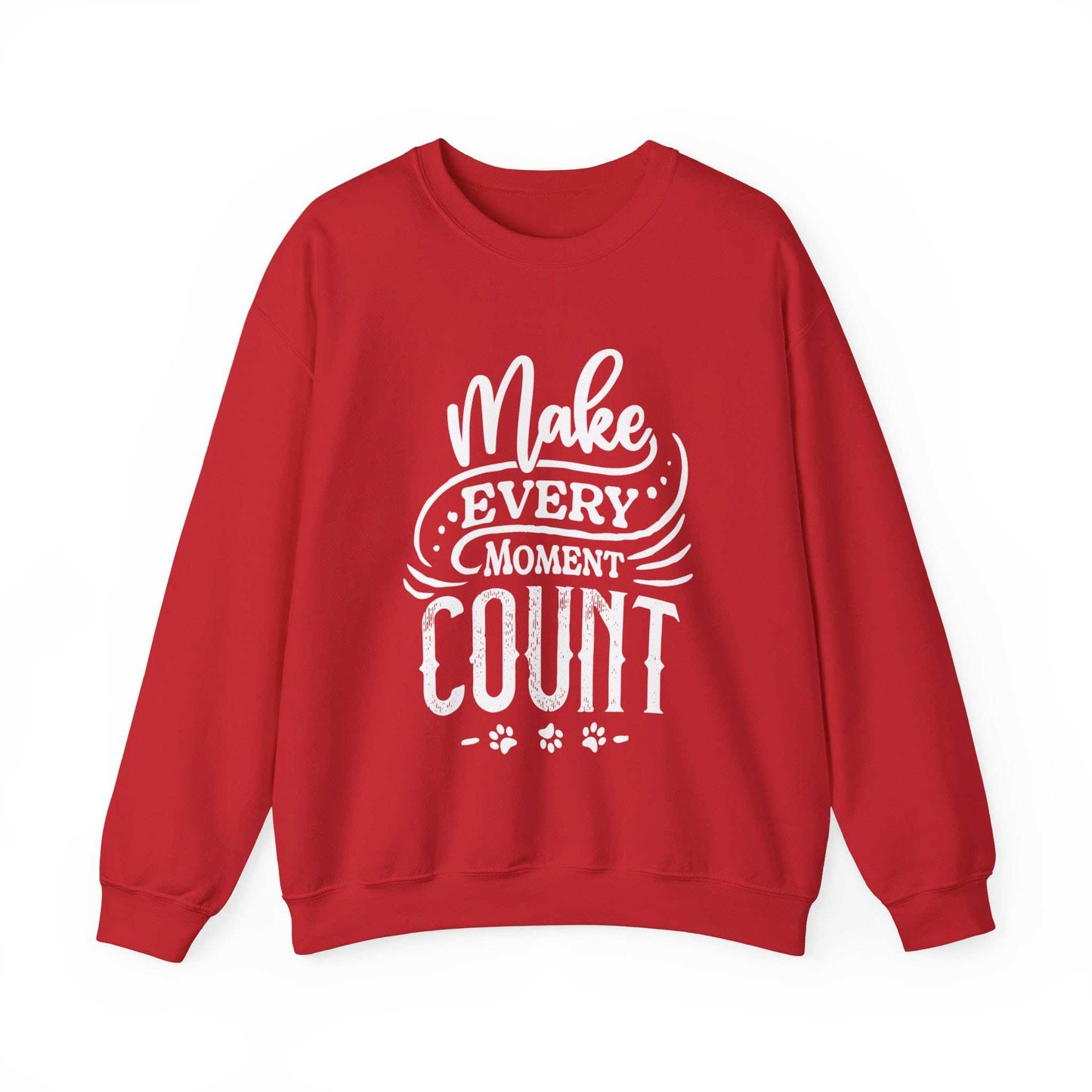  Against a white backdrop, a Dogs Pure Love red unisex sweatshirt showcases the slogan 'Make Every Moment Count.'