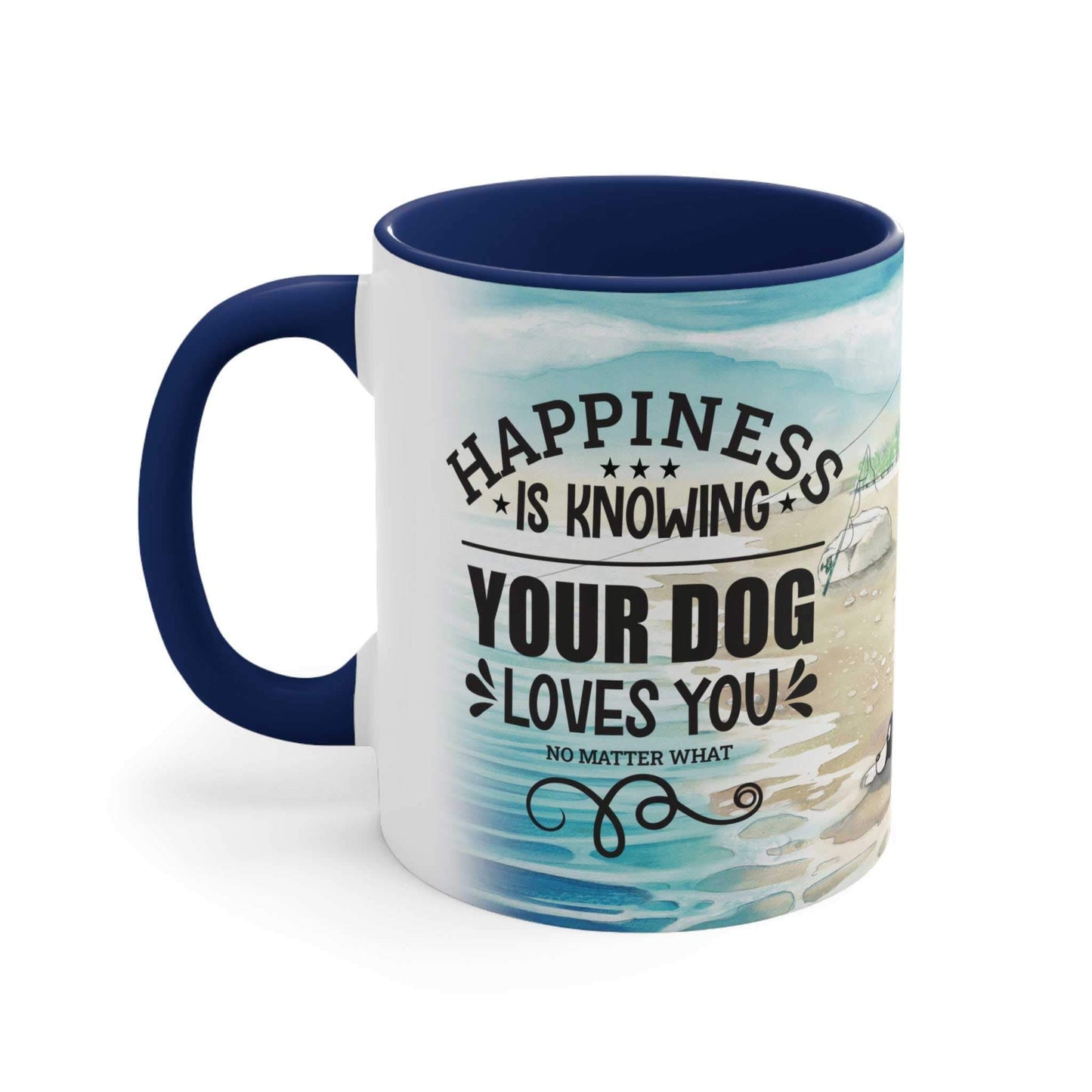 A Dogs Pure Love ceramic mug with a navy inner and handle, and a white outer and beach illustration, showcases the slogan "Happiness is knowing your dog loves you no matter what," set against a white backdrop.