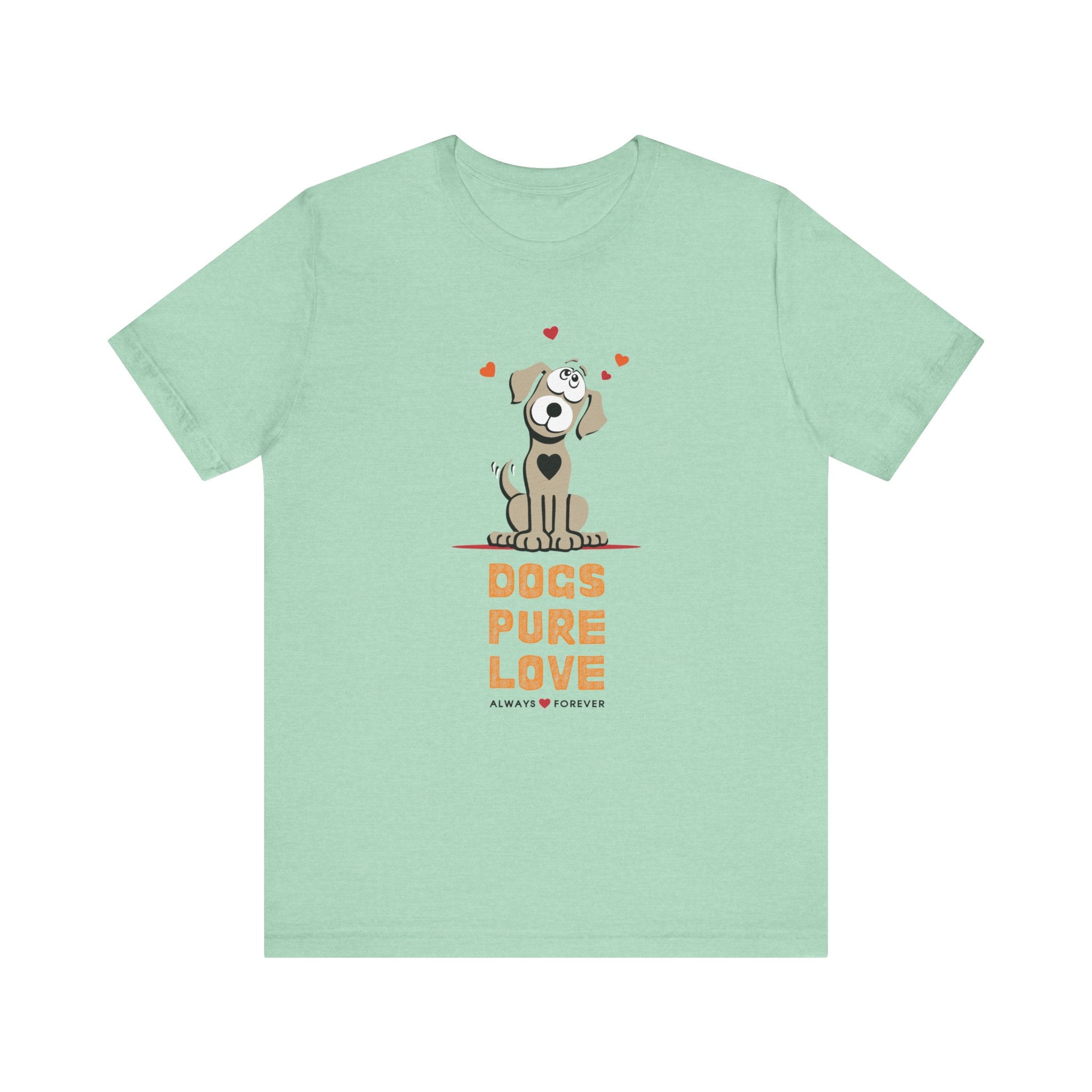 A heather mint unisex tee spotlights the Dogs Pure Love logo, against a white backdrop.