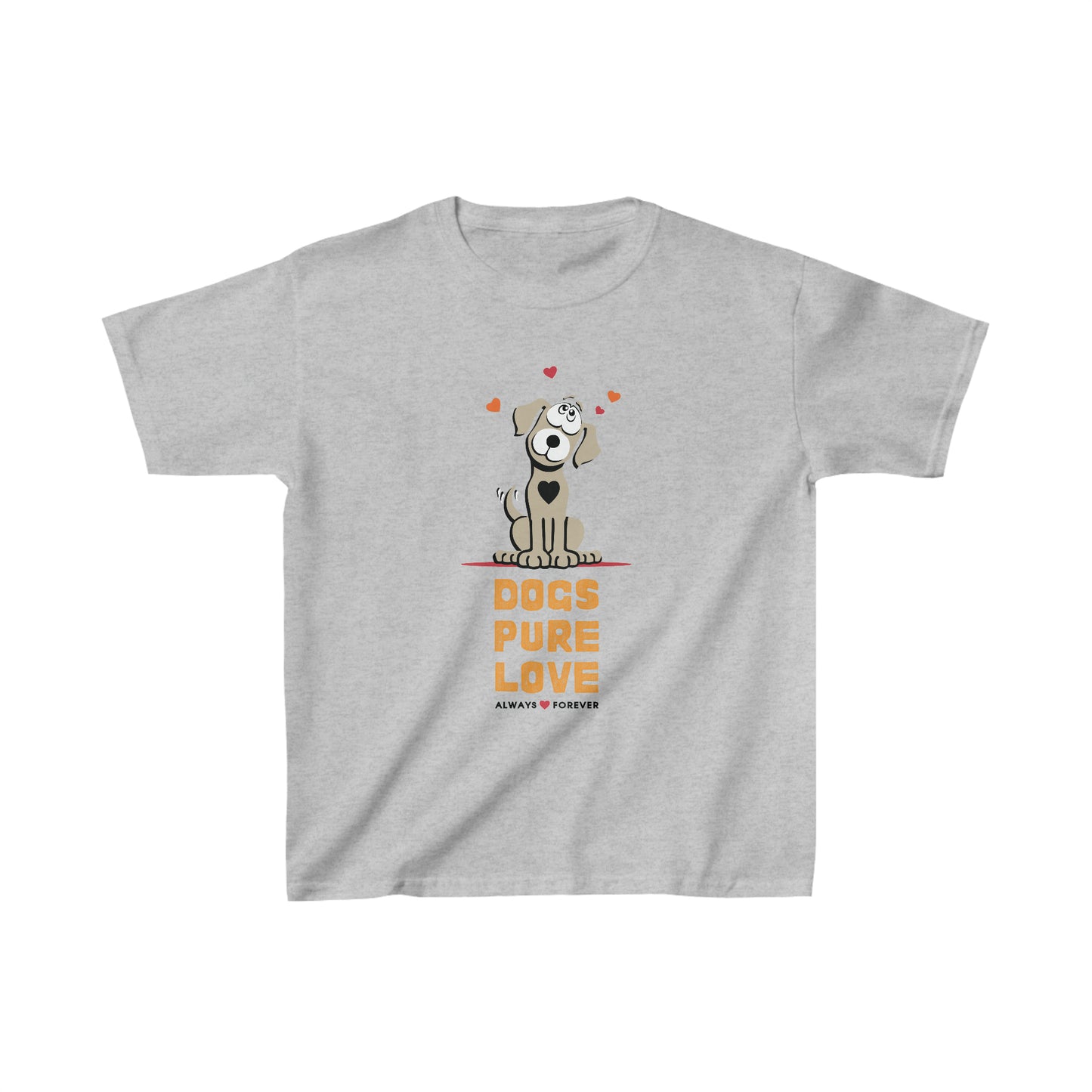 A sport grey unisex kids t-shirt features the Dogs Pure Love logo, set against a white backdrop.