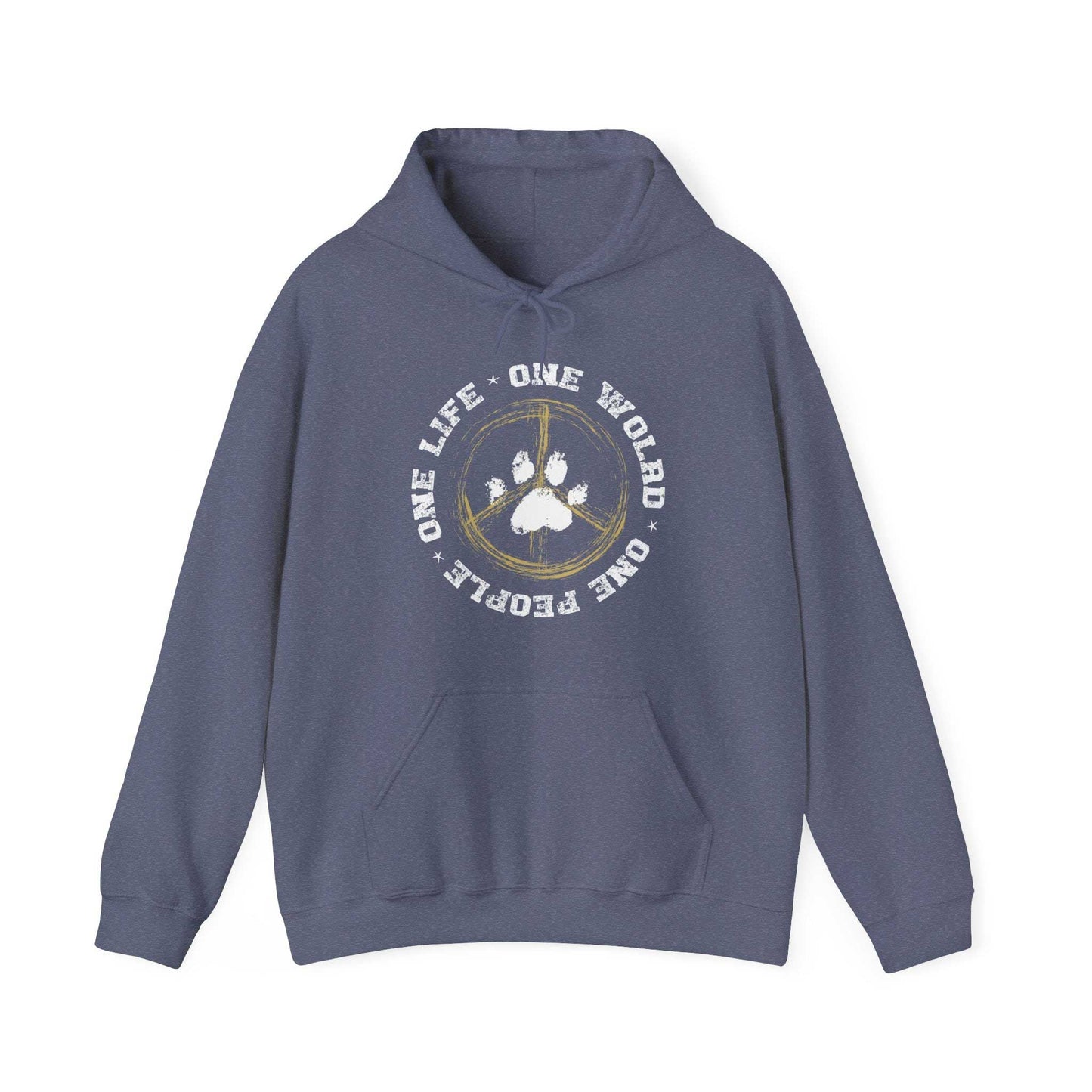 Highlighting a heather navy 'Dog Pure Love, One World' unisex hoodie set against a white backdrop.