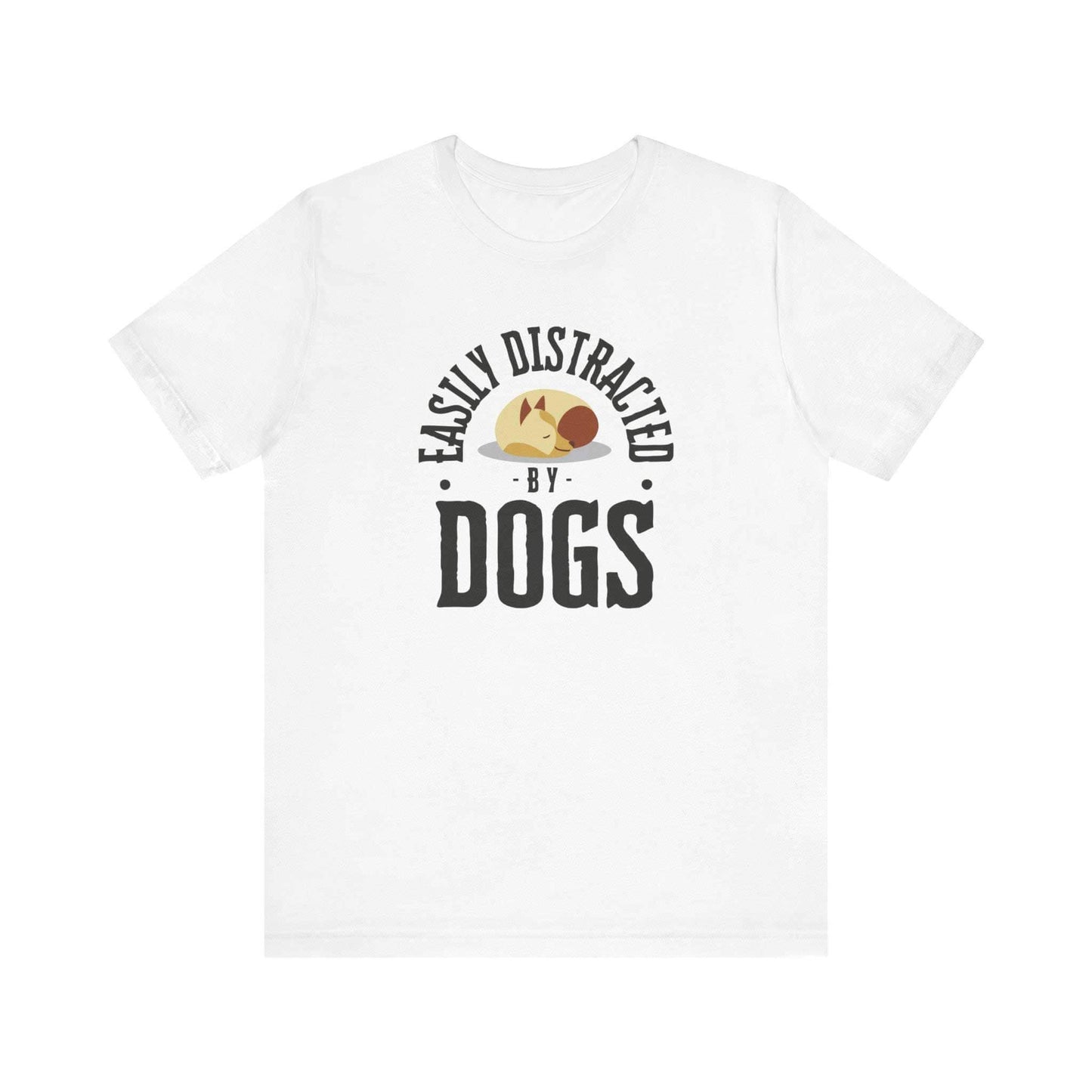  A Dogs Pure Love 'Easily Distracted by Dogs' white unisex t-shirt, featuring text and graphics, rests against a plain white backdrop.