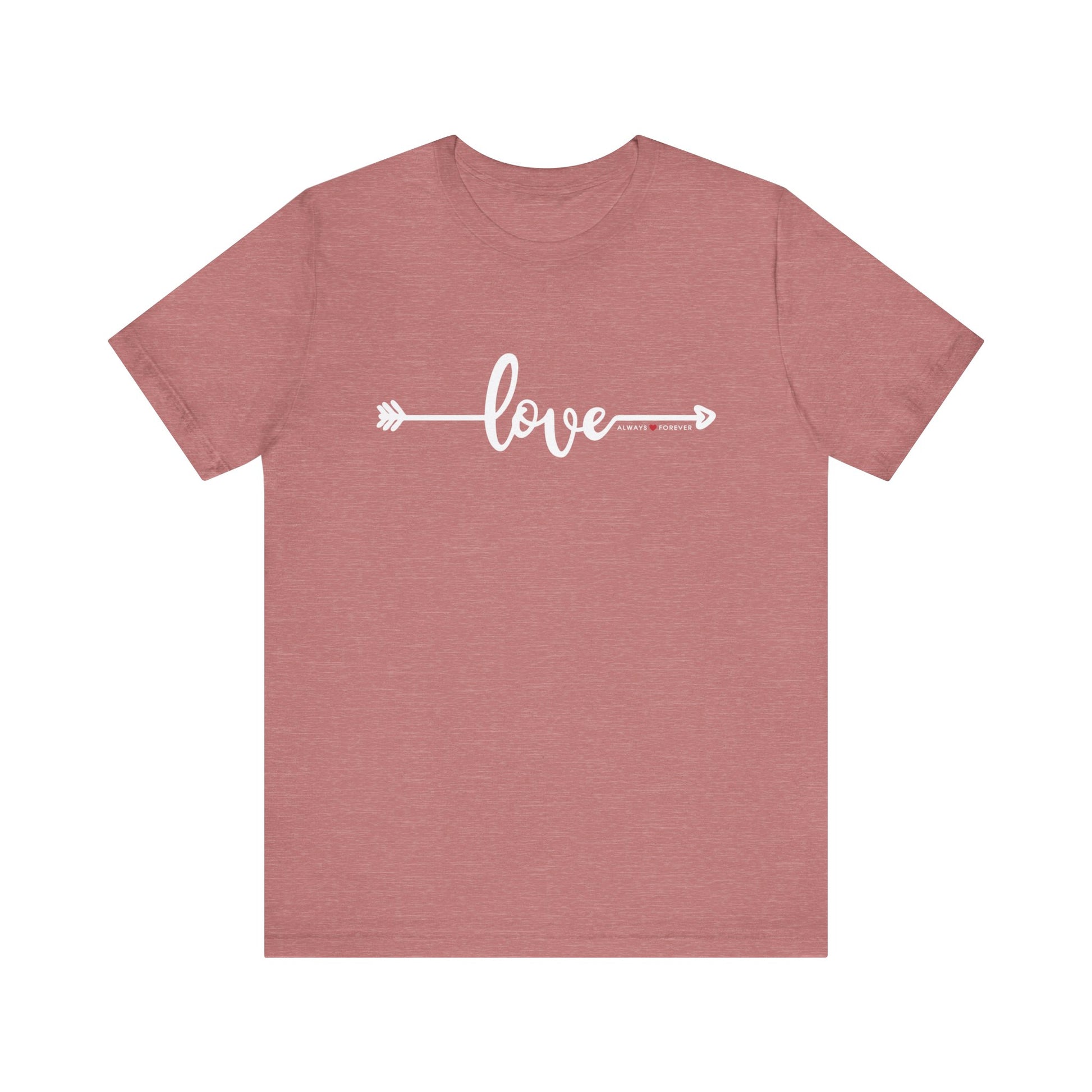 Surrounding a white backdrop is a heather mauve unisex Dogs Pure Love tee, featuring the 'Love, always and forever' print.