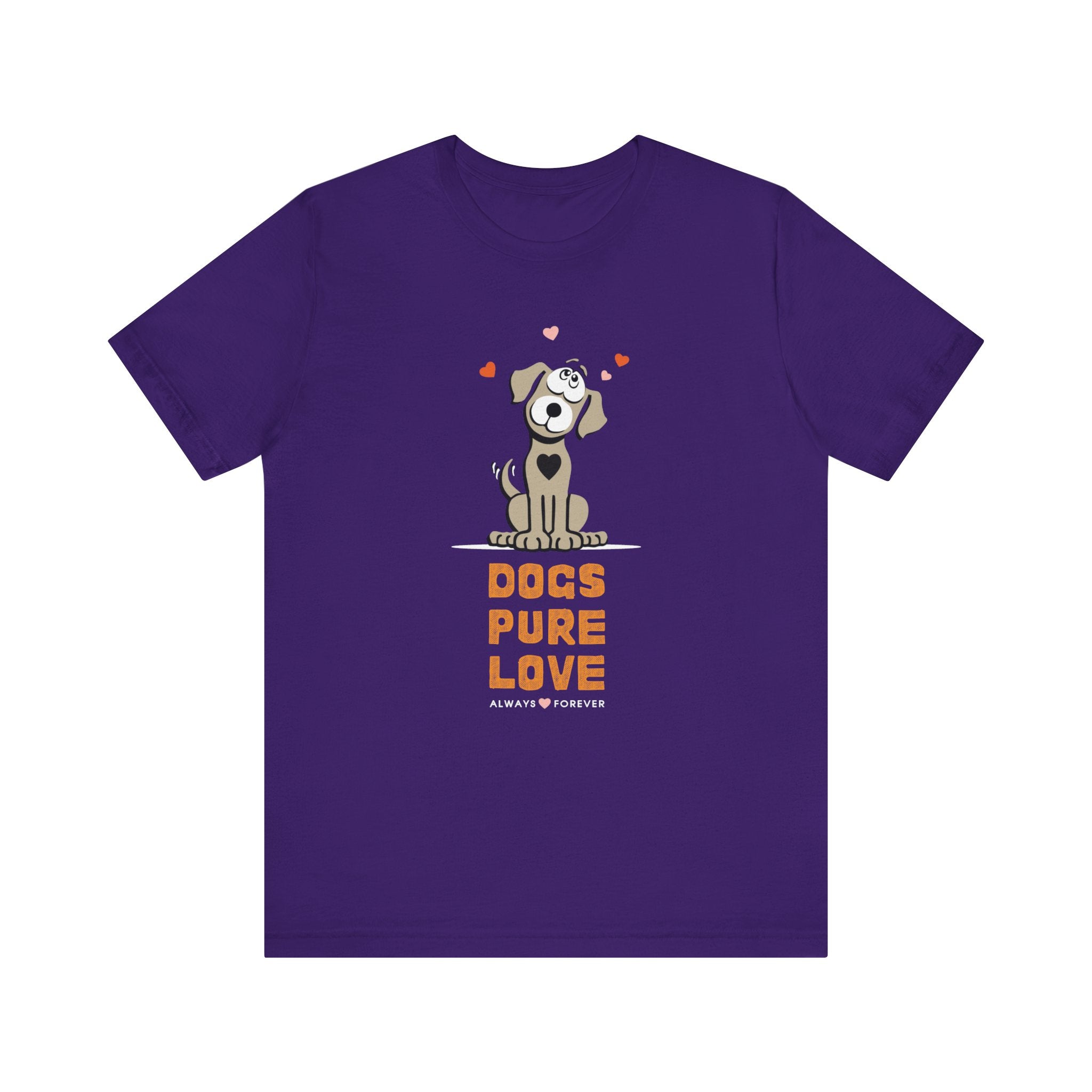 A team purple unisex tee shows off the Dogs Pure Love logo, against a white canvas.