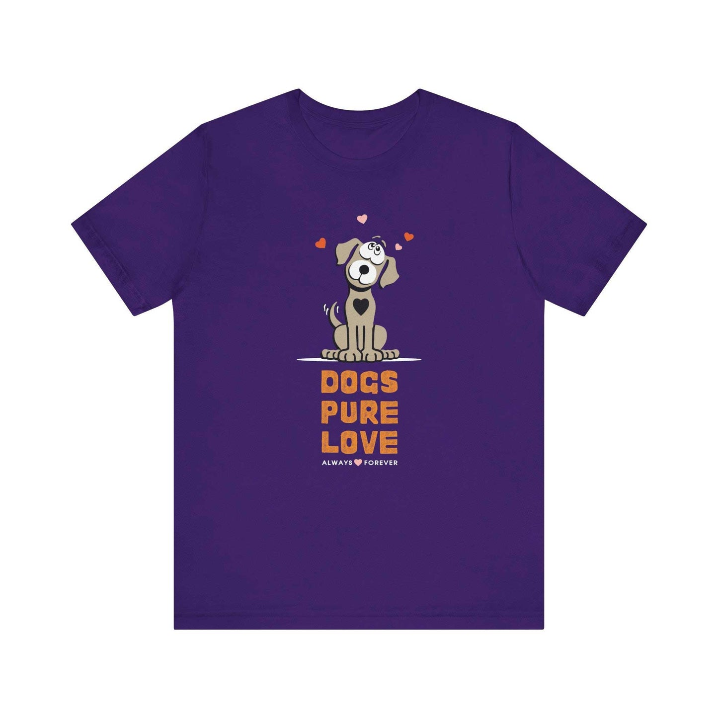 A team purple unisex tee shows off the Dogs Pure Love logo, against a white canvas.