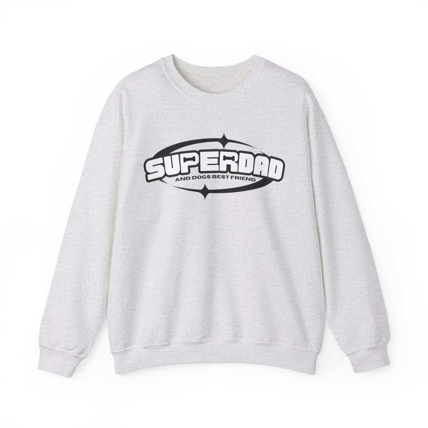 Displaying an ash color unisex sweatshirt from Dogs Pure Love with the "Superdad" print, against a white backdrop.
