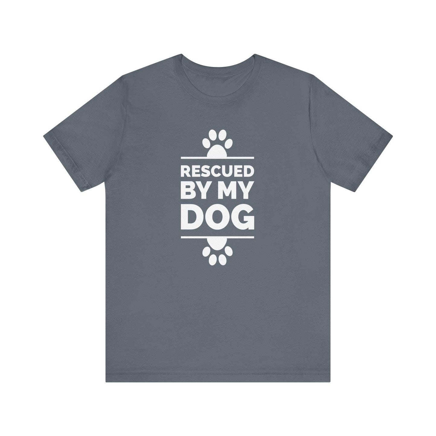 A Dogs Pure Love steel blue unisex tee, features paw prints and text 'Rescued by my Dog,' against a white canvas. 