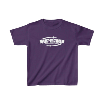 Amidst a white setting, a Dogs Pure Love unisex purple t-shirt  highlights the slogan, 'Superkid.'