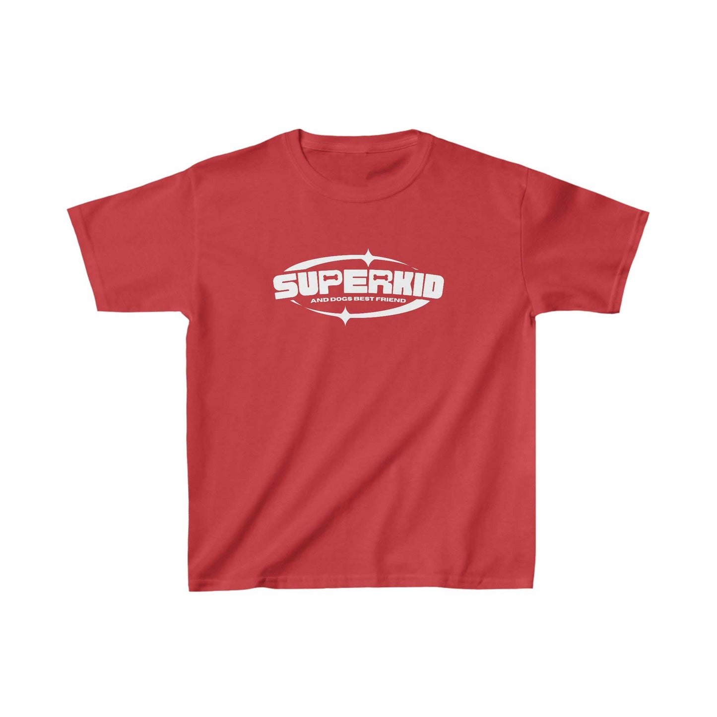 Set against a white backdrop, a Dogs Pure Love unisex red tee features the slogan, 'Superkid.'