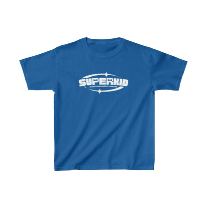 Surrounding a white canvas, a blue Dogs Pure Love unisex tee features the slogan, 'Superkid.'