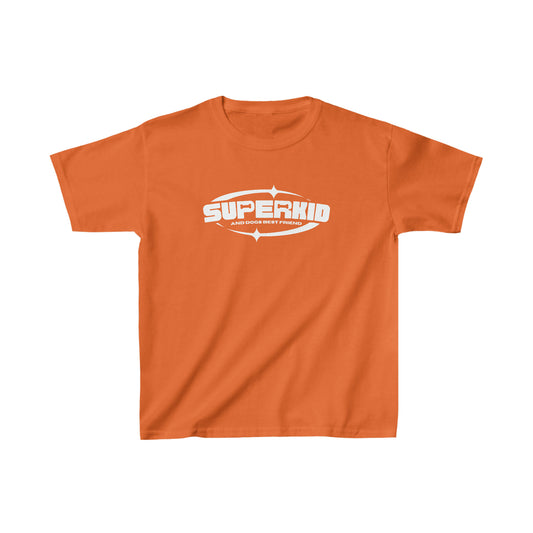 An orange Dogs Pure Love kids unisex tee, showcases the slogan, 'Superkid,' against a white canvas.