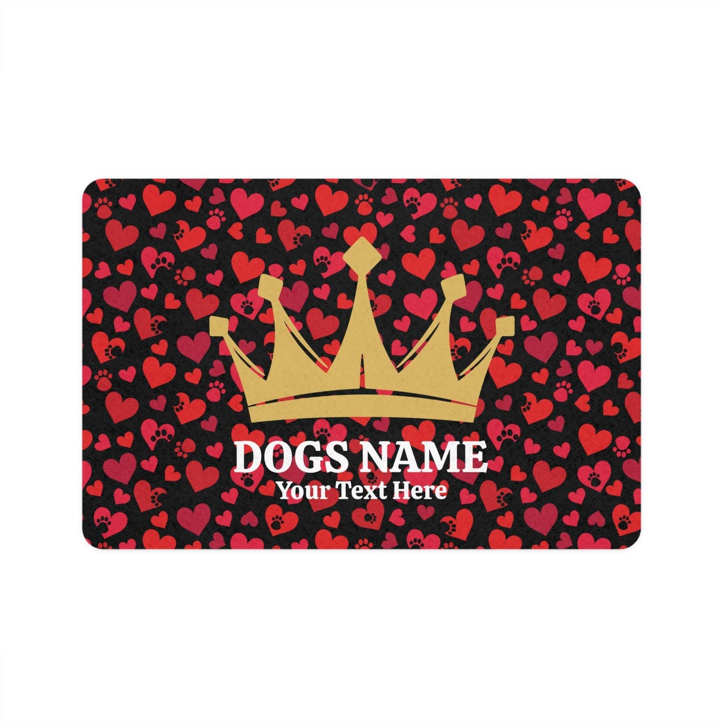 Against a white backdrop, a Dogs Pure Love bowl mat, displays a background of hearts and a gold crown. There is custom text options available for your dogs name or initials. 