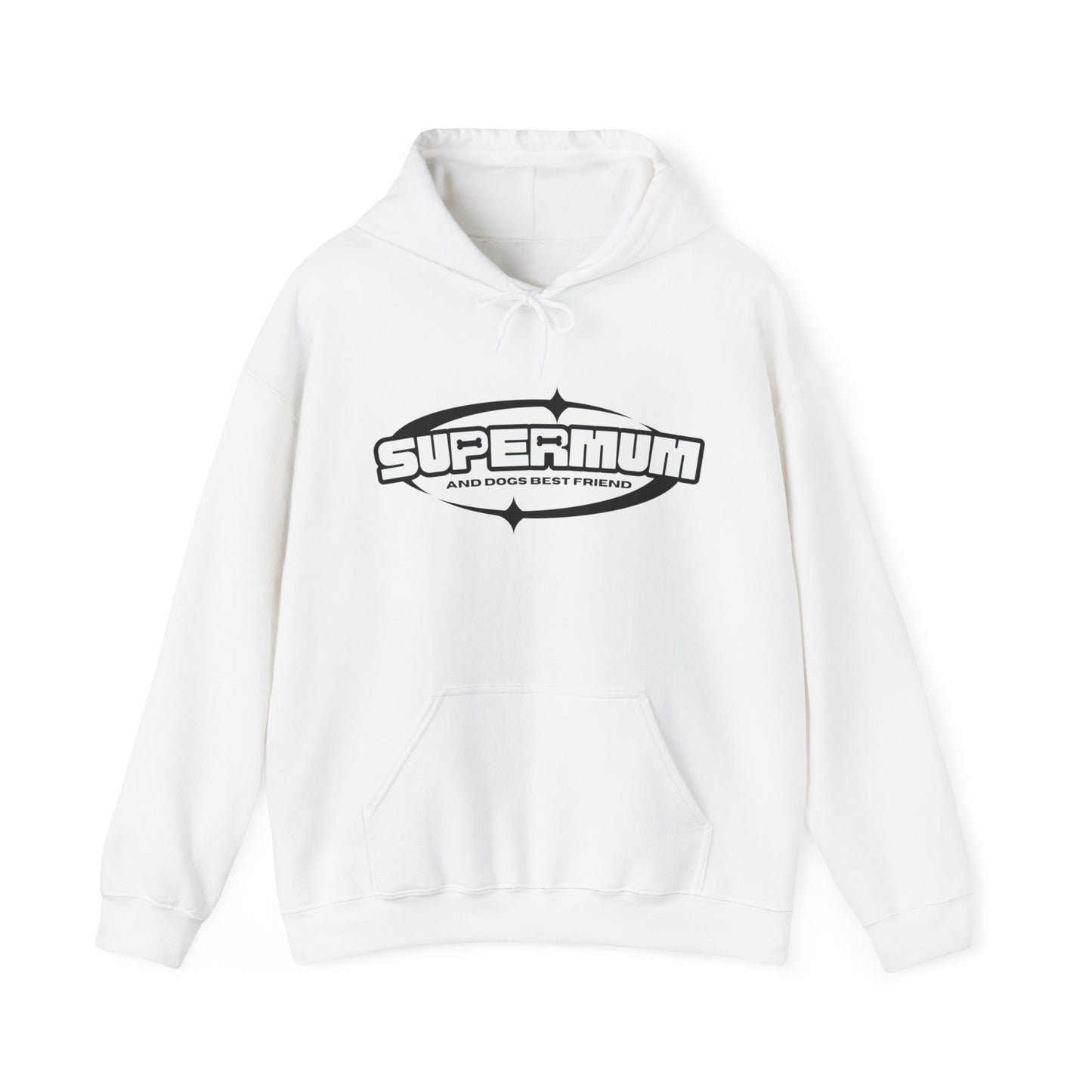  A unisex white hoodie sweatshirt from Dogs Pure Love showcases the phrase 'Supermum, and dogs best friend,' boldly emblazoned on a crisp white background.
