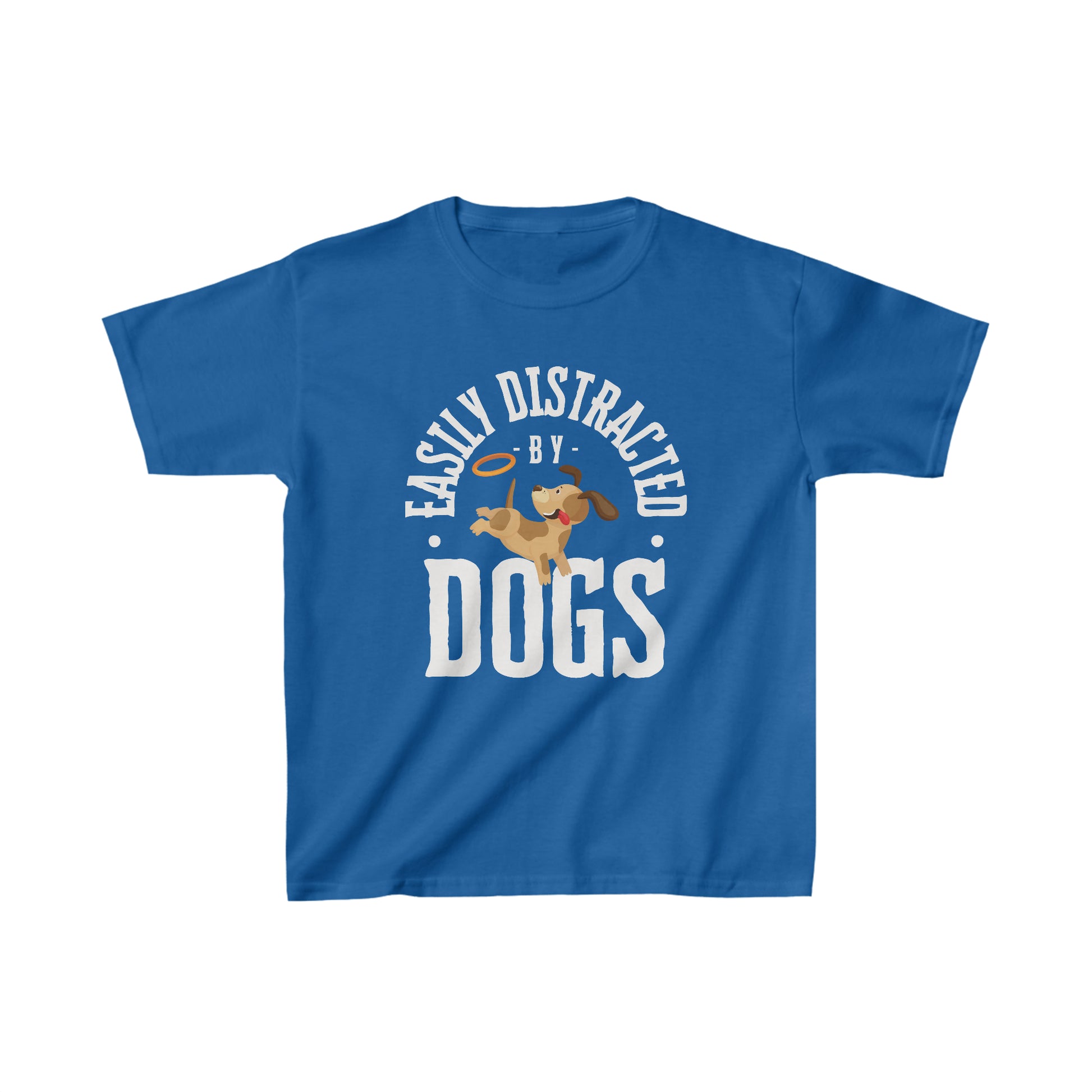  Set against a white canvas, a Dogs Pure Love royal blue unisex kids tee features a cute graphic and the slogan 'Easily Distracted by Dogs.'