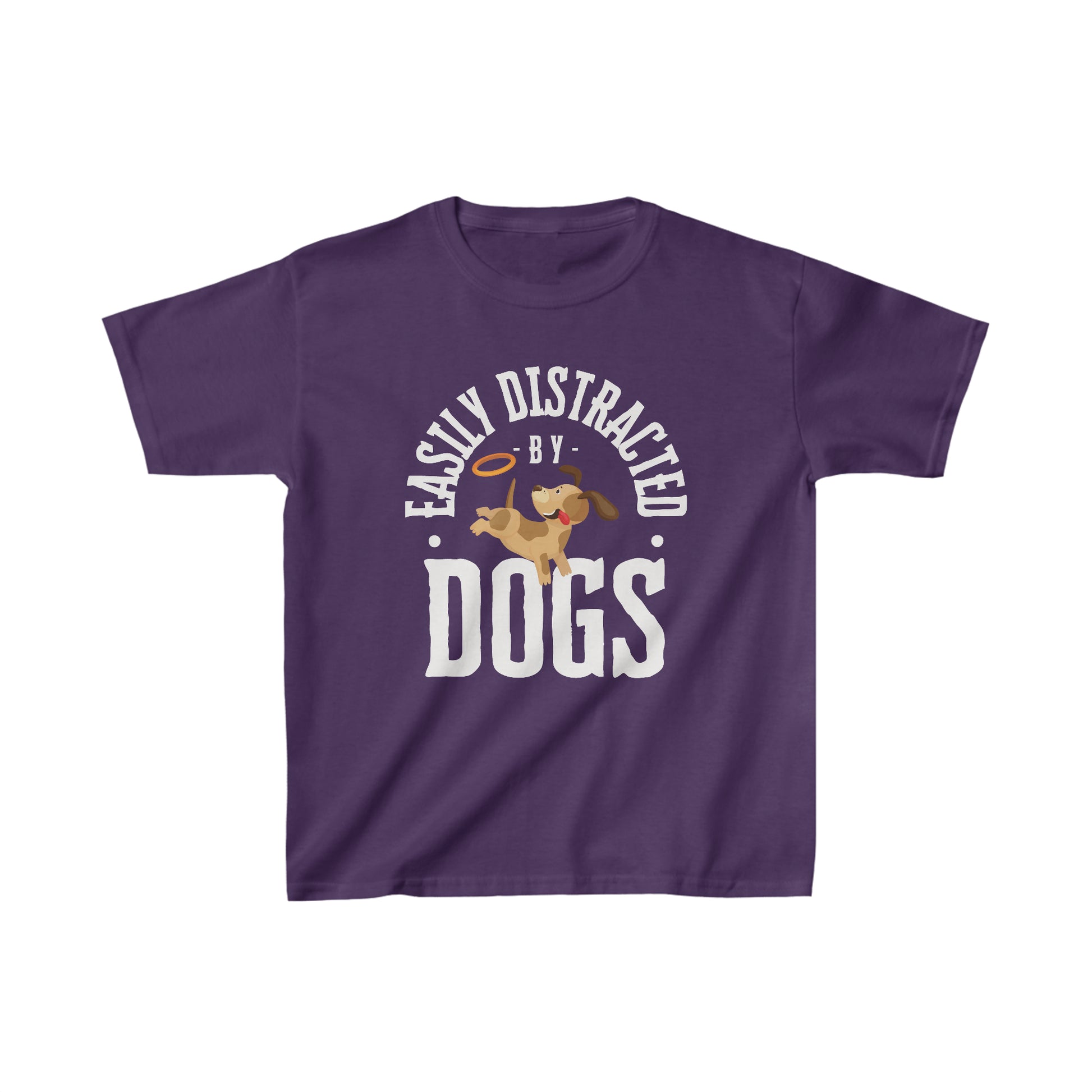 On a white canvas, a Dogs Pure Love purple unisex kids tee features a cute graphic and fun slogan 'Easily Distracted by Dogs.'