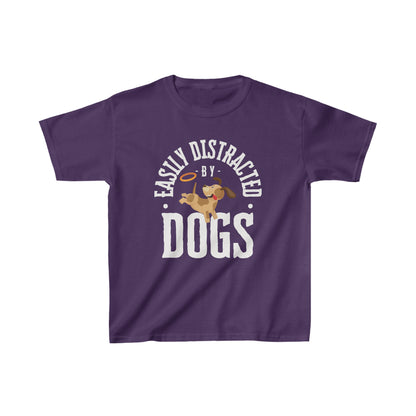On a white canvas, a Dogs Pure Love purple unisex kids tee features a cute graphic and fun slogan 'Easily Distracted by Dogs.'